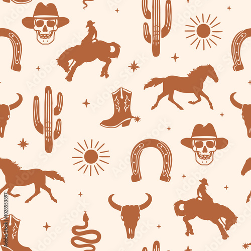 Western Themed Cowboy, Cowgirl Seamless Pattern. Cactus, Cowboy Seamless Repeat Design. Boho Seamless Pattern.
