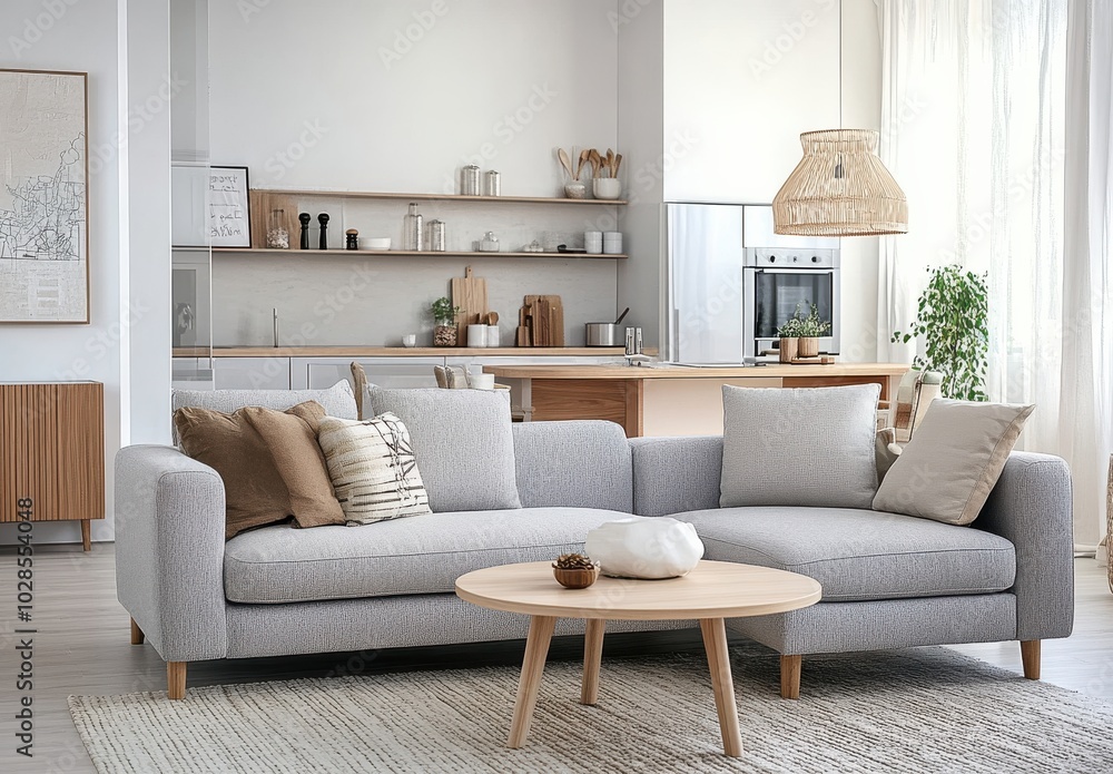 A cozy living room with a modern and minimalist design, featuring a grey sofa and wooden accents. A cozy living room with a modern and minimalist design, featuring a grey sofa and wooden accents.