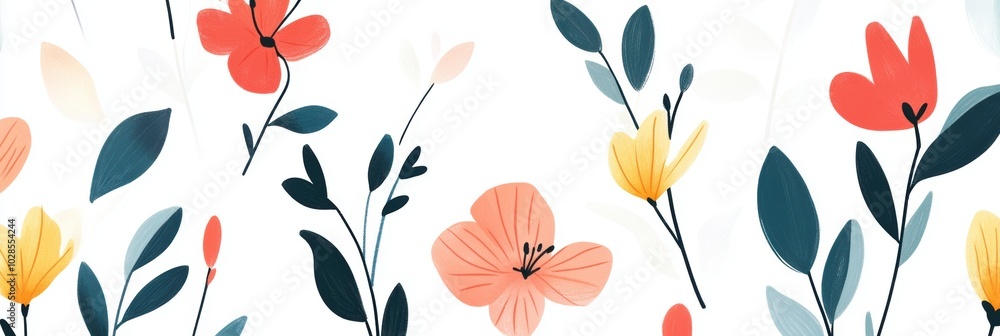 Minimalist Floral Pattern, simple flowers and leaves in a flat illustration style, vibrant colors, ideal for textiles and digital backgrounds Minimalist Floral Pattern, simple flowers and leaves in a flat illustration style, vibrant colors, ideal for textiles and digital backgrounds