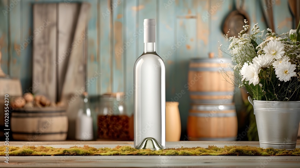 Elegant White Wine Bottle on Rustic Wooden Table with Yellow Accents and Floral Decor Elegant White Wine Bottle on Rustic Wooden Table with Yellow Accents and Floral Decor