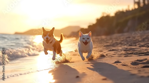 Dog and cat on the beach, running playing together, sunset tropical ocean summer day background. Cute puppy and kitten friendship, creative funny animal pet character holiday maker modern digital art