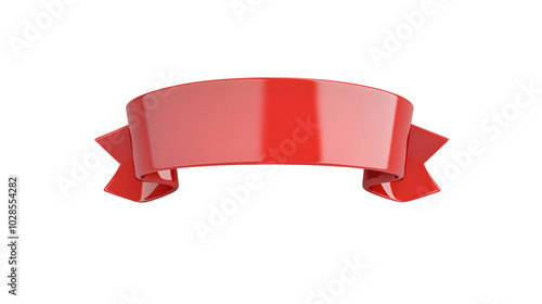 3d label ribbon. Glossy red blank plastic banner for advertisment isolated on white and transparent background. 