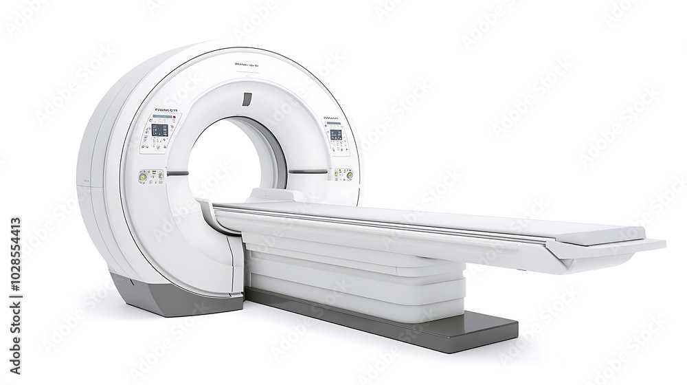 A detailed image of an MRI scanner machine isolated on a white background