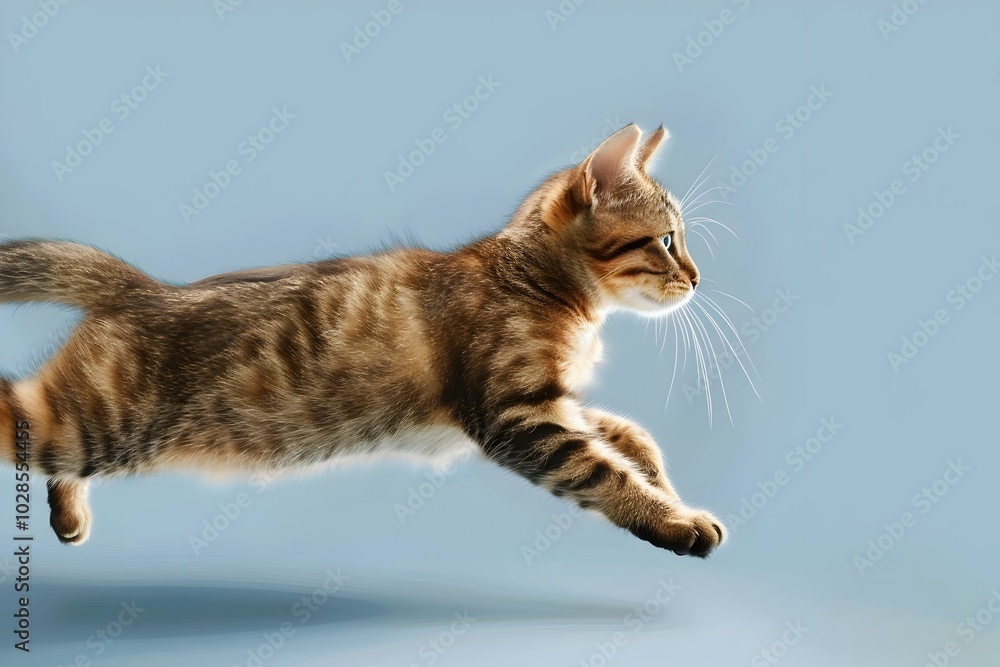 Energetic Feline Leaping Against Serene Blue Backdrop Energetic Feline Leaping Against Serene Blue Backdrop