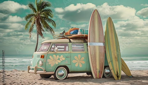 Vintage camper van with surfboards on tropical beach, summer adventure vacation symbol