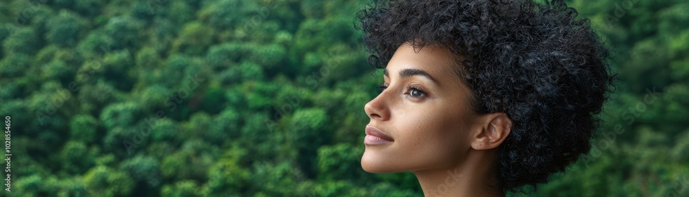 Woman with curly hair gazing thoughtfully towards a green landscape, embodying tranquility and connection to nature. Woman with curly hair gazing thoughtfully towards a green landscape, embodying tranquility and connection to nature.
