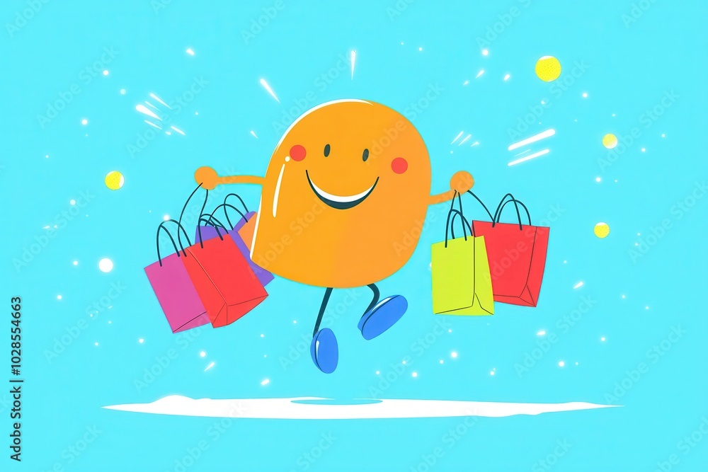 Cartoon-style Sale Promotion: A fun, colorful cartoon-style illustration of a smiling character running with shopping bags full of discounted items Cartoon-style Sale Promotion: A fun, colorful cartoon-style illustration of a smiling character running with shopping bags full of discounted items