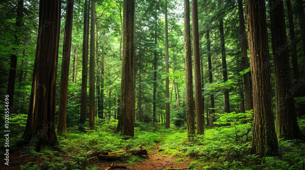 Fototapeta premium An old-growth forest with towering trees and rich undergrowth, full of life.