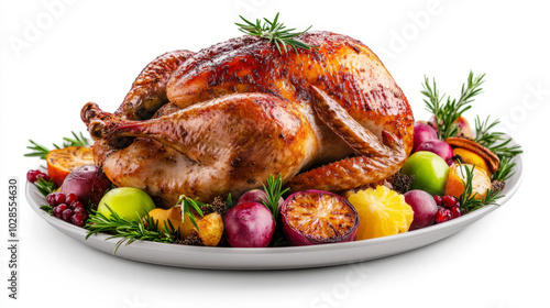  roasted turkey with fruits and vegetables on a platter, isolated on a white background. 