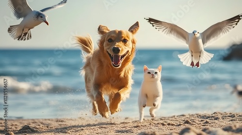 Dog and cat on the beach, running playing together, sunset tropical ocean summer day background. Cute puppy and kitten friendship, creative funny animal pet character holiday maker modern digital art