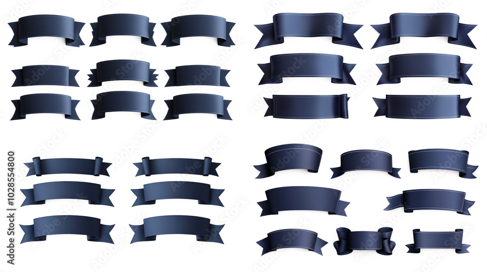 Dark Blue Ribbon Banner Mockup Set: Realistic Design Elements Dark Blue Ribbon Banner Mockup Set: Realistic Design Elements