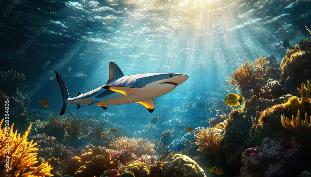 Fototapeta premium A grey reef shark swims gracefully over a vibrant coral reef.