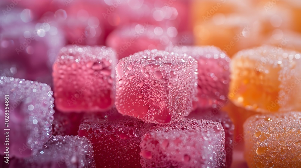 Close Up of Colorful Jelly Cubes with Water Droplets Close Up of Colorful Jelly Cubes with Water Droplets
