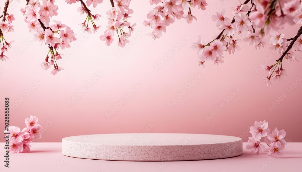 A smooth stone platform with delicate cherry blossoms arching above, creating a serene, Zen-like atmosphere with minimalist elegance A smooth stone platform with delicate cherry blossoms arching above, creating a serene, Zen-like atmosphere with minimalist elegance