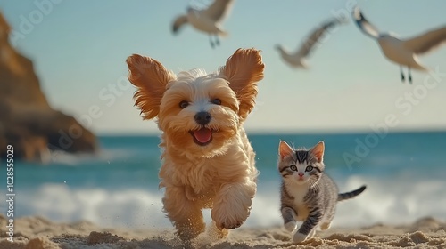 Dog and cat on the beach, running playing together, sunset tropical ocean summer day background. Cute puppy and kitten friendship, creative funny animal pet character holiday maker modern digital art