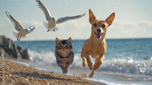 Dog and cat on the beach, running playing together, sunset tropical ocean summer day background. Cute puppy and kitten friendship, creative funny animal pet character holiday maker modern digital art
