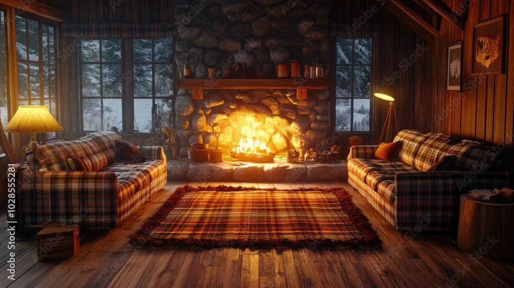 A cozy living room with plaid sofas A cozy living room with plaid sofas