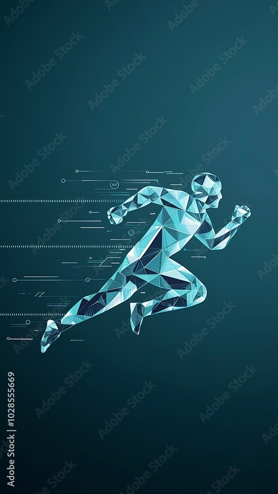 Obraz premium Abstract running man form lines and triangles, point connecting network on blue background. Illustration vector