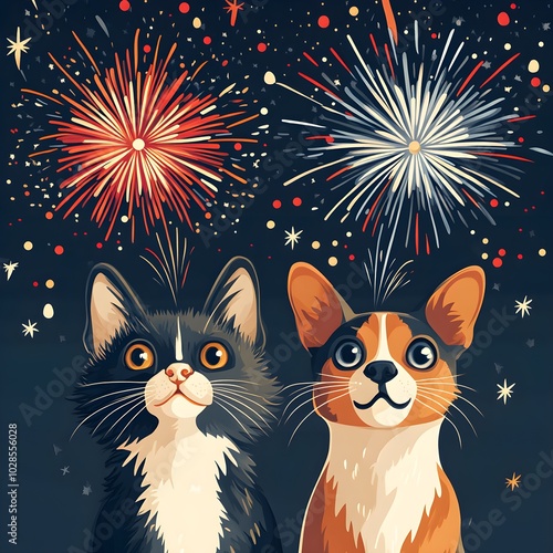 magical new year flyer, flat design, top view, dog and cat under fireworks on ethereal background, party theme, 3D render, Split-complementary color scheme 