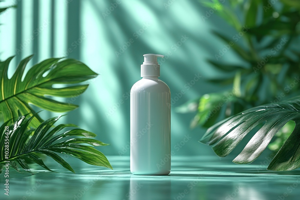 White Bottle Mockup with Green Tropical Leaves White Bottle Mockup with Green Tropical Leaves