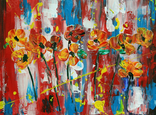 Abstract colorful wild flowers acrylic painting on canvas