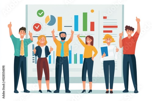 A group of diverse people holding up thumbs up signs, standing next to a large survey results chart, symbolizing collective positive feedback and approval