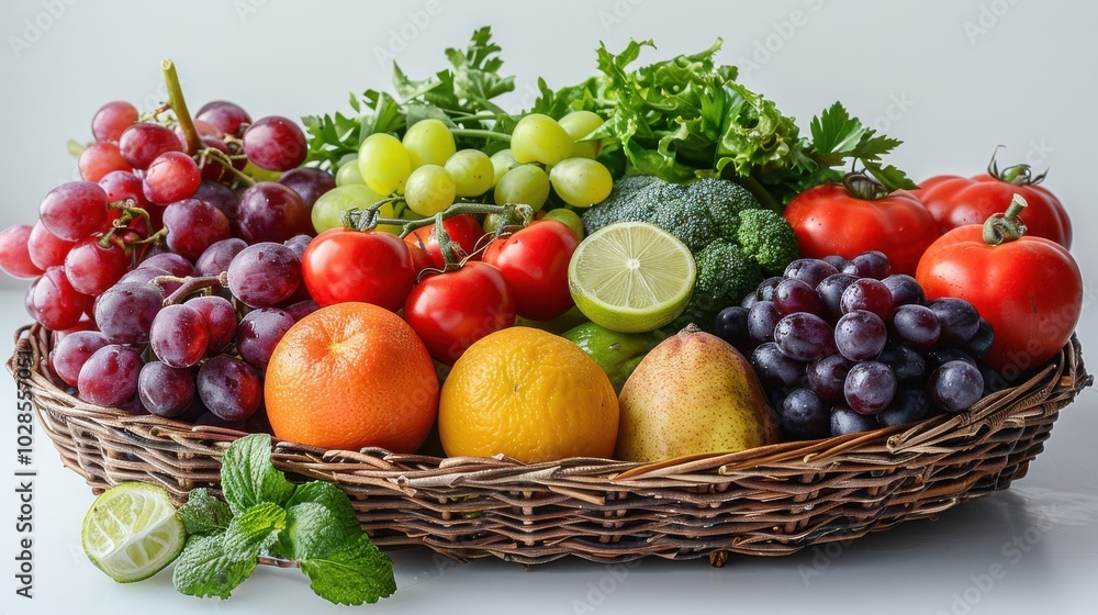 A vibrant assortment of fresh fruits and vegetables arranged in a wicker basket. A vibrant assortment of fresh fruits and vegetables arranged in a wicker basket.