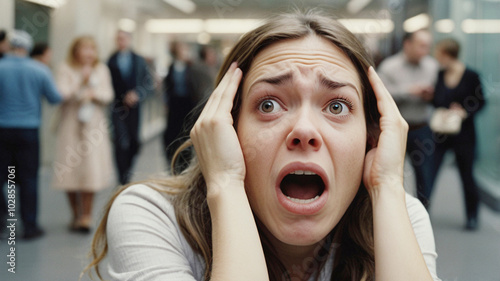A young woman is having a panic attack in a public place due to a social phobia, she is among other people which makes her extremely nervous