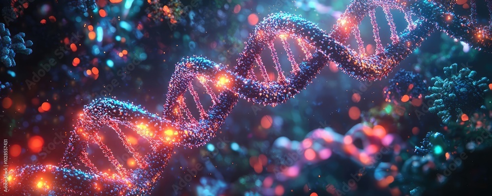 Abstract representation of DNA helix with glowing particles and vibrant colors. Abstract representation of DNA helix with glowing particles and vibrant colors.