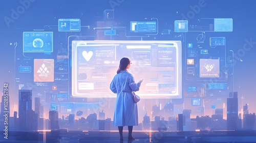 A woman actively engaged with a futuristic virtual interface amidst a cityscape backdrop, symbolizing the integration of technology and human interaction in modern society. photo