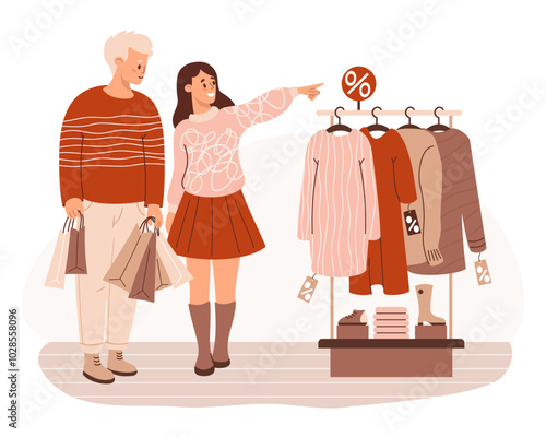 Happy couple people buyers in store on shopping sale. Man with packages and girl near rack with fashionable clothes and shoes. Vector illustration. Shopper character. Consumerism, purchase concept