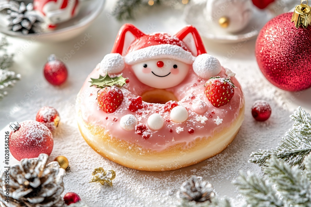 Cute Artistic Cat Shaped Donut with Festive Decorations Cute Artistic Cat Shaped Donut with Festive Decorations