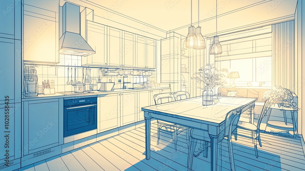 A conceptual kitchen illustration showcasing a sleek design, dining table, modern appliances, under warm lighting, embodying comfortable functionality. A conceptual kitchen illustration showcasing a sleek design, dining table, modern appliances, under warm lighting, embodying comfortable functionality.