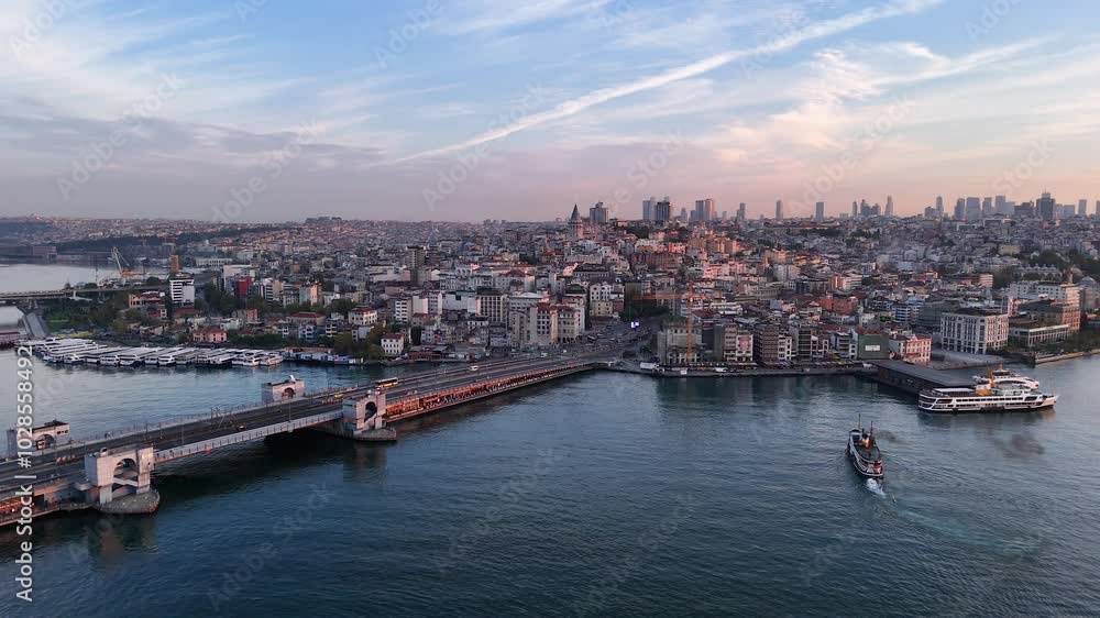 Drone Orbit over Galata Bridge in Istanbul Drone Orbit over Galata Bridge in Istanbul