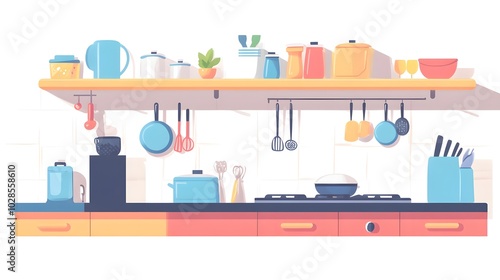 Happy modern kitchen design banner template, flat design, top view, kitchen items and household items theme, cartoon drawing, complementary color scheme 
