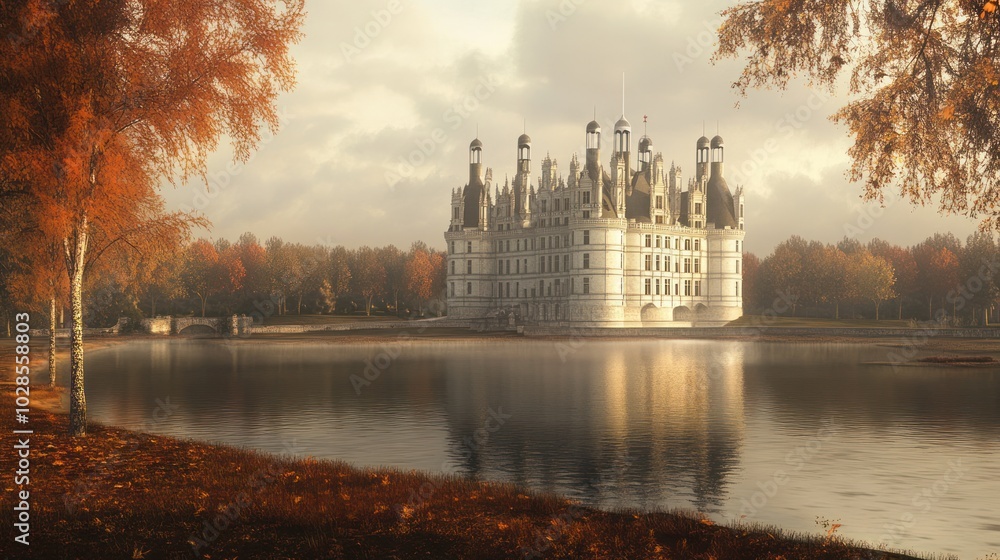 Obraz premium A Majestic French Chateau Reflected in a Tranquil Autumn Lake