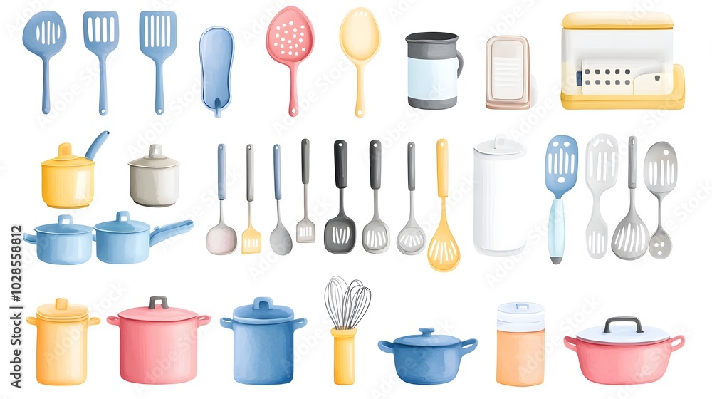 Comfortable kitchen tools template, flat design, top view, household items in kitchen layout theme, watercolor, colored pastel Comfortable kitchen tools template, flat design, top view, household items in kitchen layout theme, watercolor, colored pastel