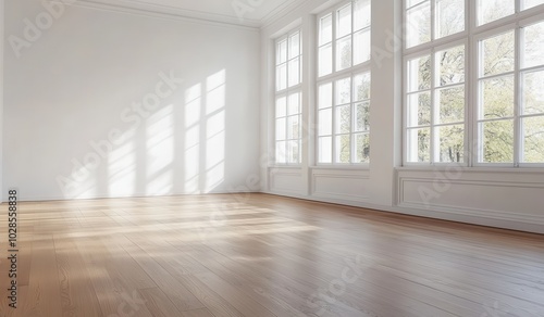 Sunlit empty room with large windows and wooden floor.