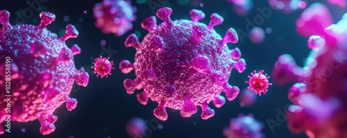 Microscopic view of colorful virus particles, digitally rendered on dark background.