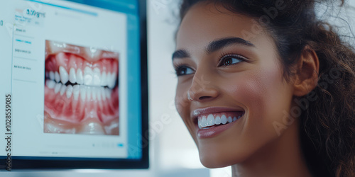 A digital consultation where the patient checks her smile on a virtual screen, showing her dental health progress. photo