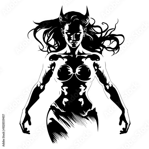 Female Demon – This Captivating Artwork Combines Dark Elegance and Intriguing Design, Ideal for Fantasy Illustrations, Book Covers, and Unique Merchandise. Evoking Mystery and Allure