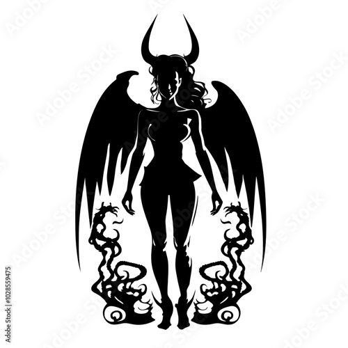 Female Demon – This Captivating Artwork Combines Dark Elegance and Intriguing Design, Ideal for Fantasy Illustrations, Book Covers, and Unique Merchandise. Evoking Mystery and Allure