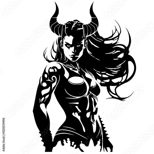 Female Demon – This Captivating Artwork Combines Dark Elegance and Intriguing Design, Ideal for Fantasy Illustrations, Book Covers, and Unique Merchandise. Evoking Mystery and Allure