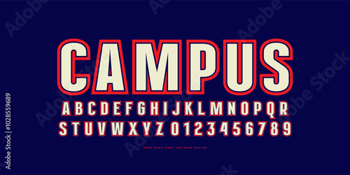 Decorative sans serif font in classic sport style. Letters and numbers with contour for label and emblem design. Color print on blue background