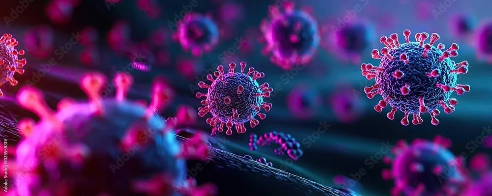 Colorful depiction of virus particles on a dark background. Colorful depiction of virus particles on a dark background.