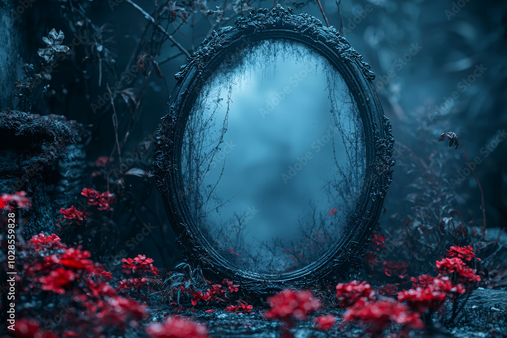 A haunted mirror that reflects something sinister in the background, despite the room appearing empty, adds a chilling twist to Halloween horror. Concept of fear.
