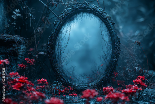 Obraz na płótnie A haunted mirror that reflects something sinister in the background, despite the room appearing empty, adds a chilling twist to Halloween horror. Concept of fear. w salonie