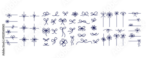 Simple different line bow ribbon doodle big set. Isolated vector hand drawings bowknot on string, lines and corners decoration, for design and package letter