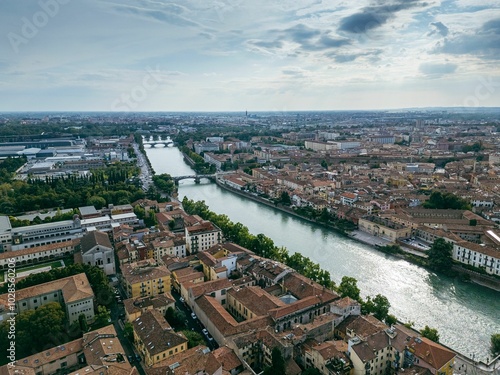 Italy, September 22, 2024: Panoramic aerial view of the city of Verona in Veneto. Also called the ci