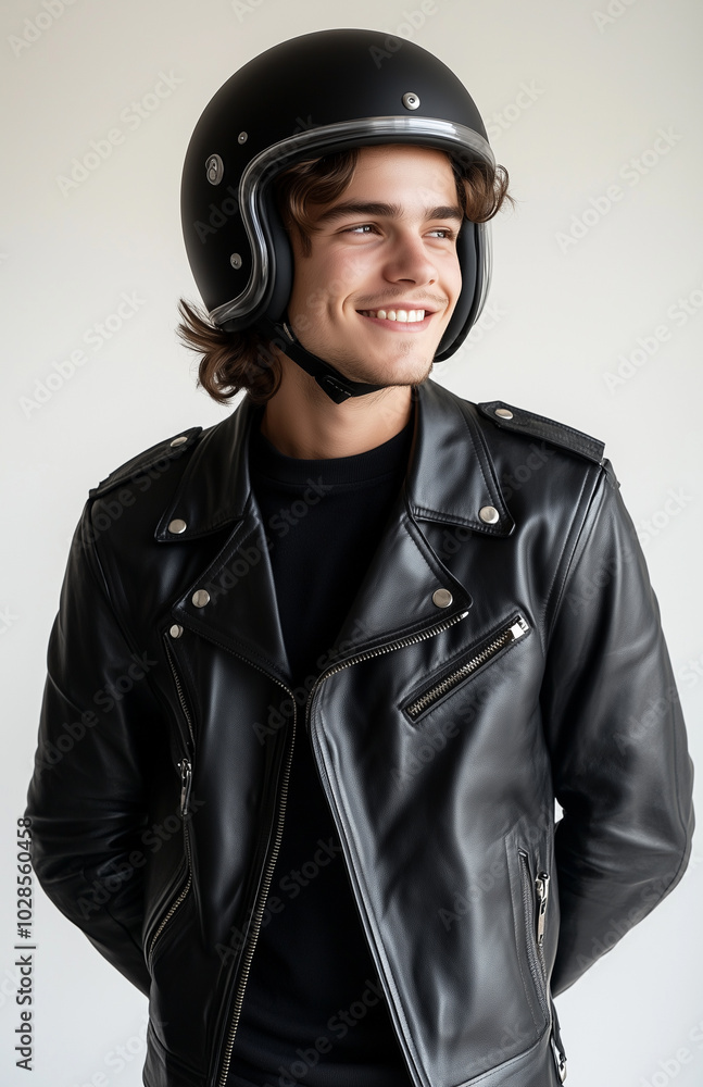 30 years old caucasian young male wearing a black leather jacket and helmet against white background 30 years old caucasian young male wearing a black leather jacket and helmet against white background